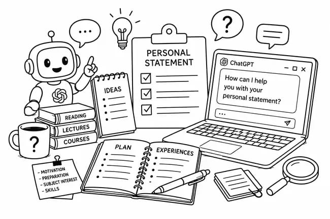 Robot with books, notebook, laptop, and personal statement checklist