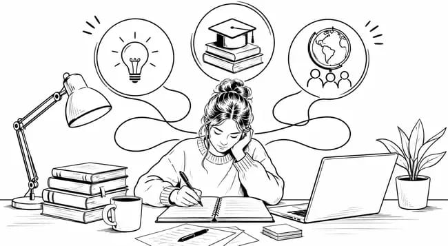 Student writing at desk surrounded by books, laptop, and study icons.