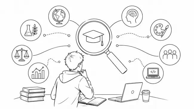 Student at desk with books, laptop, and icons representing different fields of study.