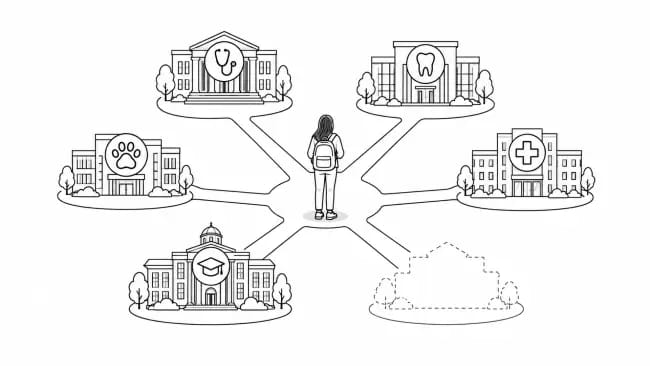 Student standing at the centre of several university routes, representing how multiple course choices can be used across different institutions and subjects.