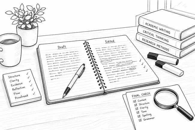 Notebook open to draft and edited pages with pen and checklist on desk.
