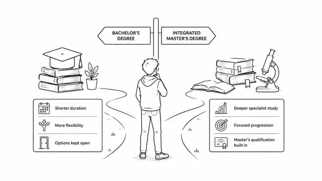 Young person deciding between two paths labelled Bachelor's Degree and Integrated Master’s Degree with key benefits listed.
