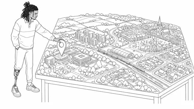A male applicant places a pin on a university map showing housing, transport, town and countryside.