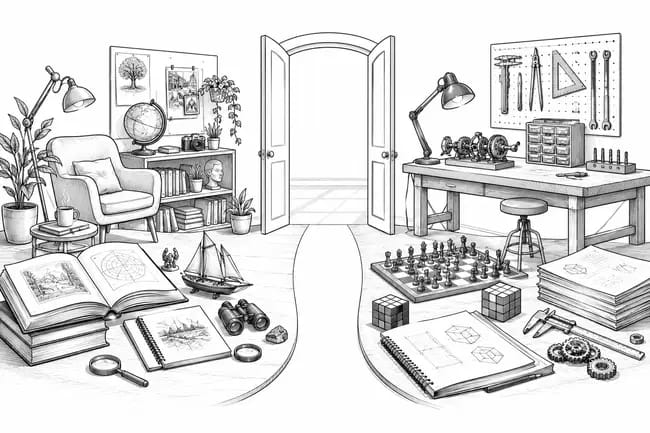 Creative and technical study spaces divided by a door.
