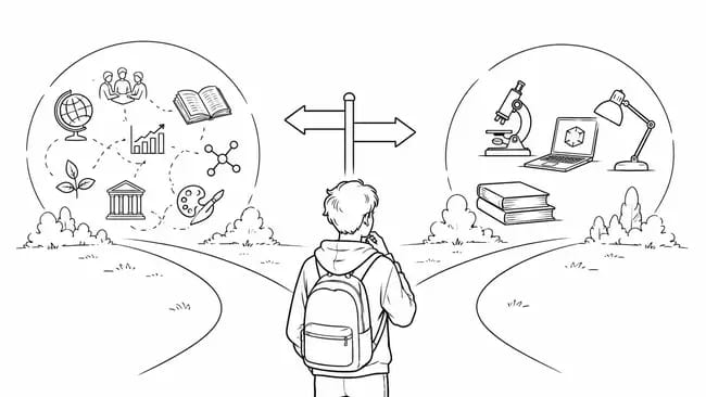 Student with backpack deciding between two paths with academic icons overhead