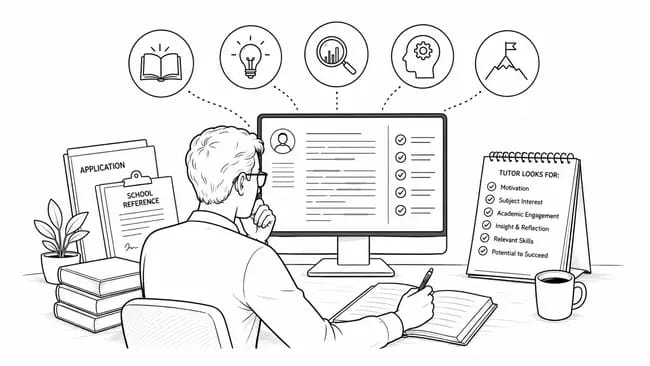 Person at desk analysing checklist on computer with notes and icons above monitor.