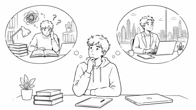 Young man contemplating studying with confusion and career success options.