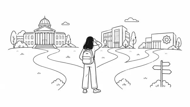 Student standing at a fork in several paths leading towards different higher education destinations, representing the choice to defer university entry.