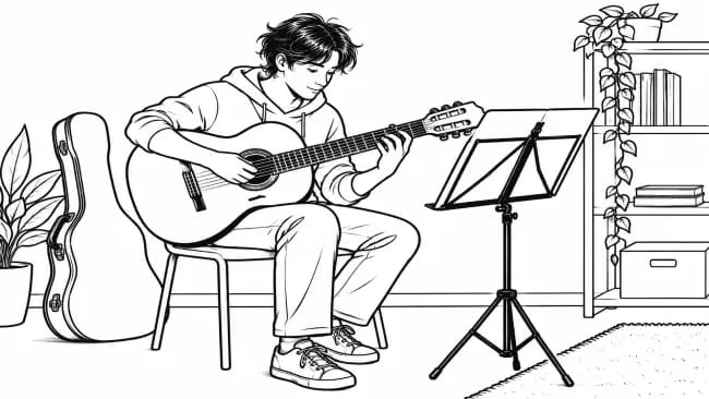 Student practising guitar at home with a music stand and instrument case nearby, preparing for a university audition.