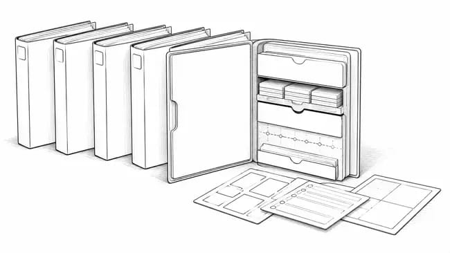 Row of closed binders with one open binder containing dividers and inserts.