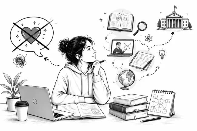 Student studying with books, laptop, and visualised ideas around her