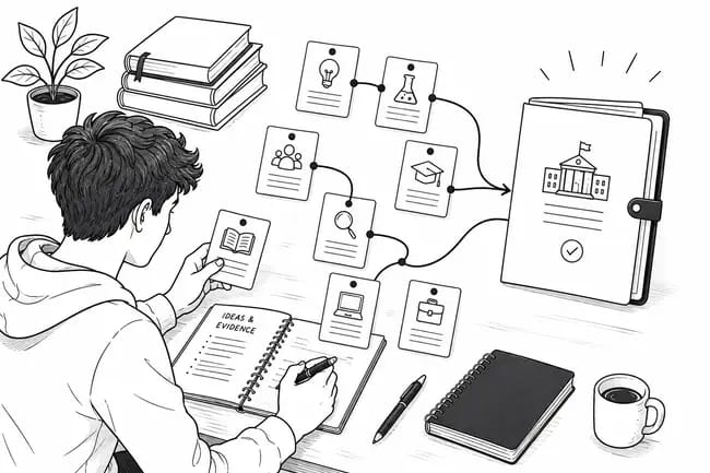 Student organising notes with icons representing ideas, evidence, and university application.