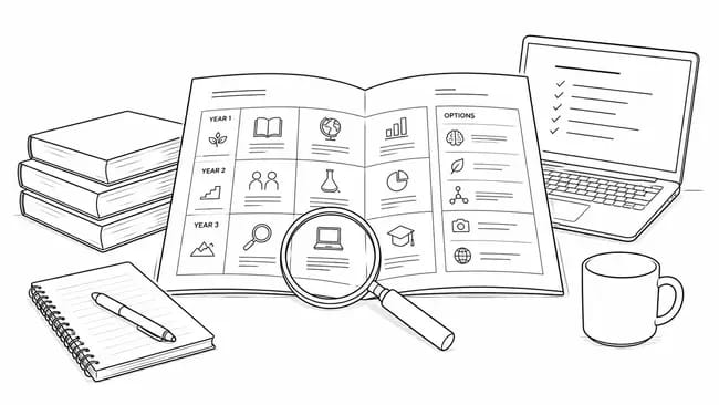 Open course catalogue with icons, magnifying glass, laptop, books, notebook, pen, and coffee mug.
